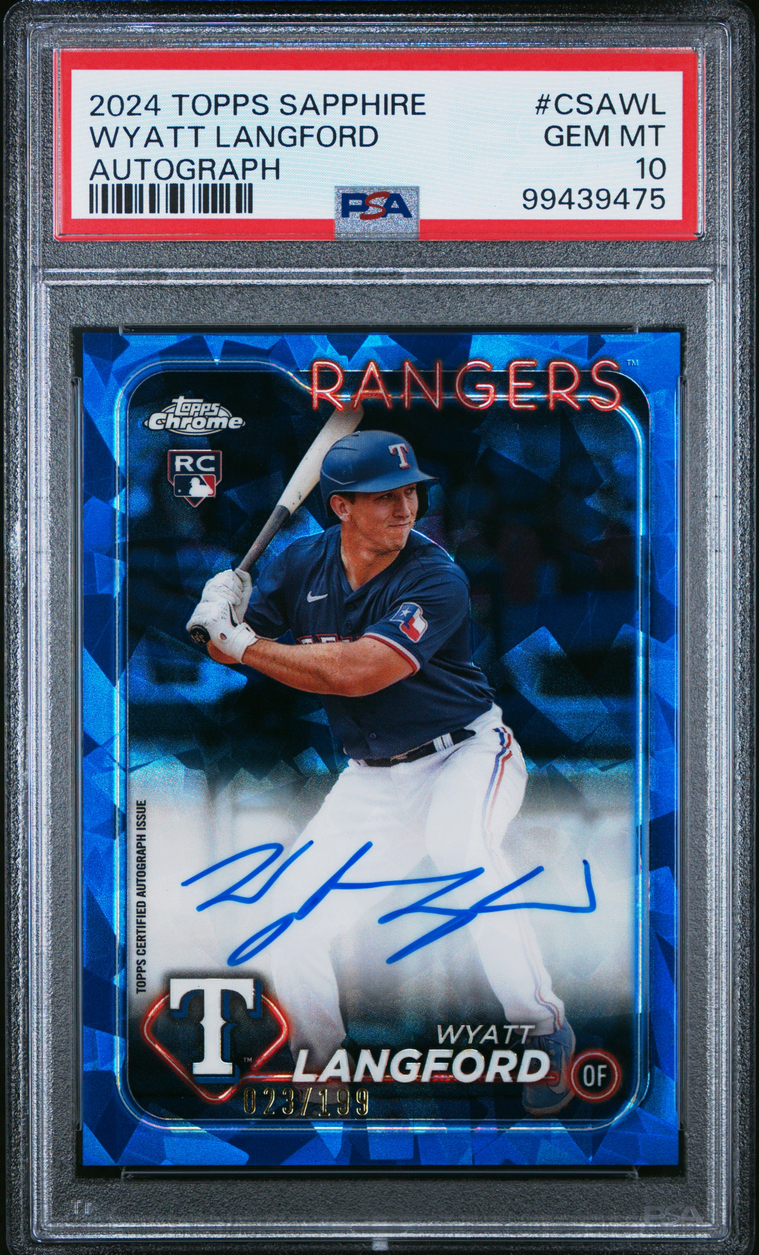 2024 Topps Chrome Sapphire Chrome Sapphire Autographs Wyatt Langford #Csawl Gem Mt 10 front