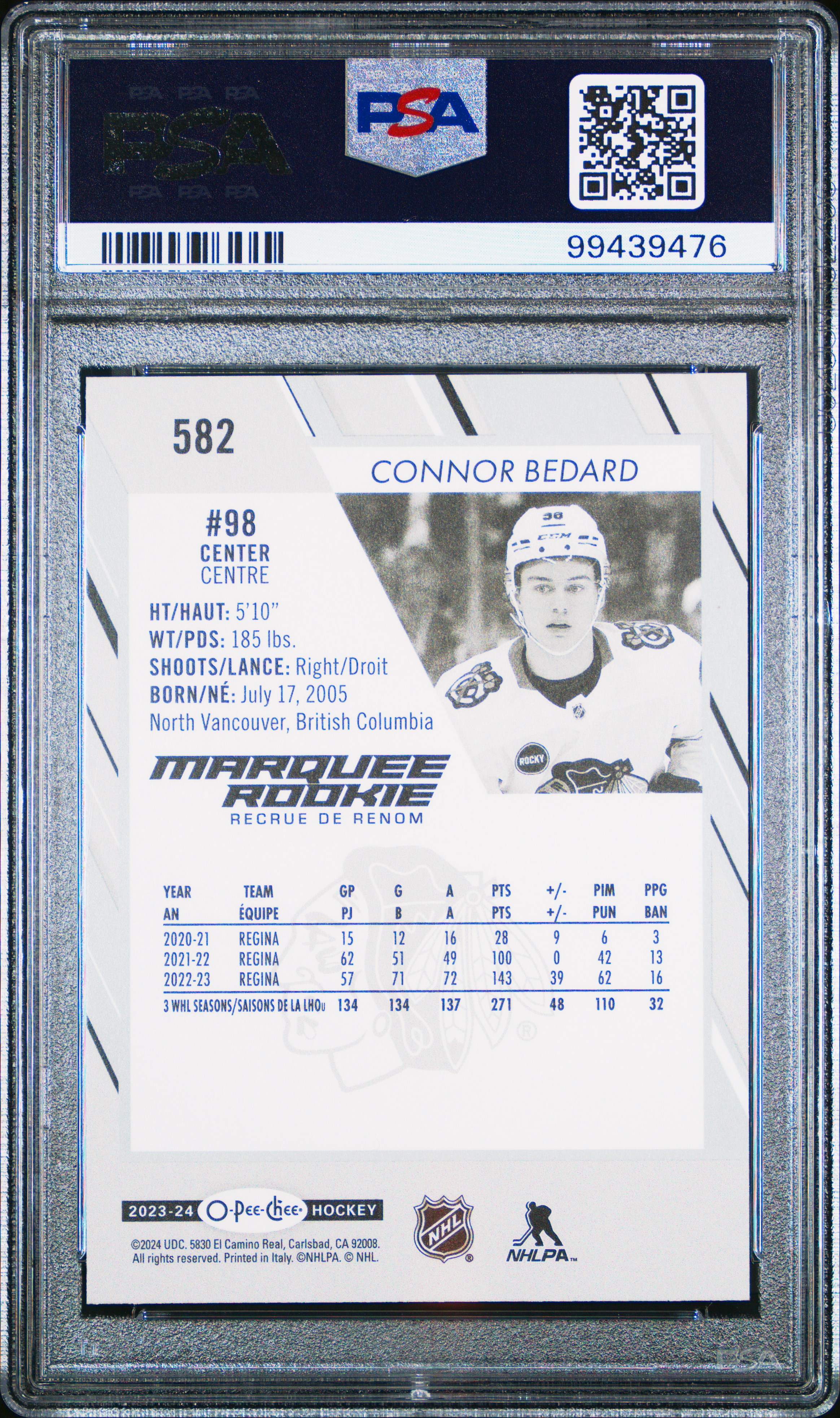 2023 Upper Deck O-Pee-Chee Connor Bedard #582 Gem Mt 10 back