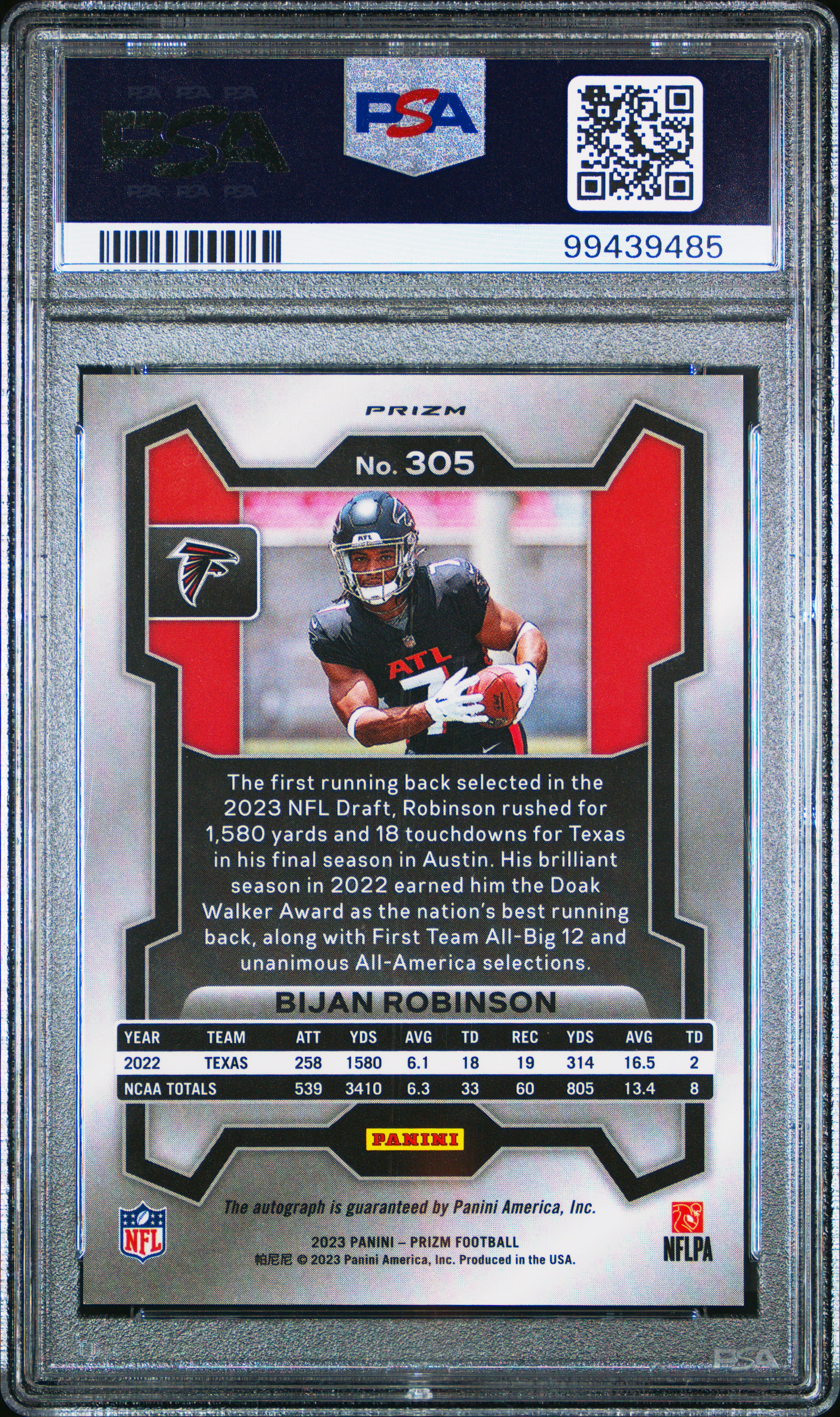 2023 Panini Prizm Bijan Robinson #305 (Autograph) Mint 9 back