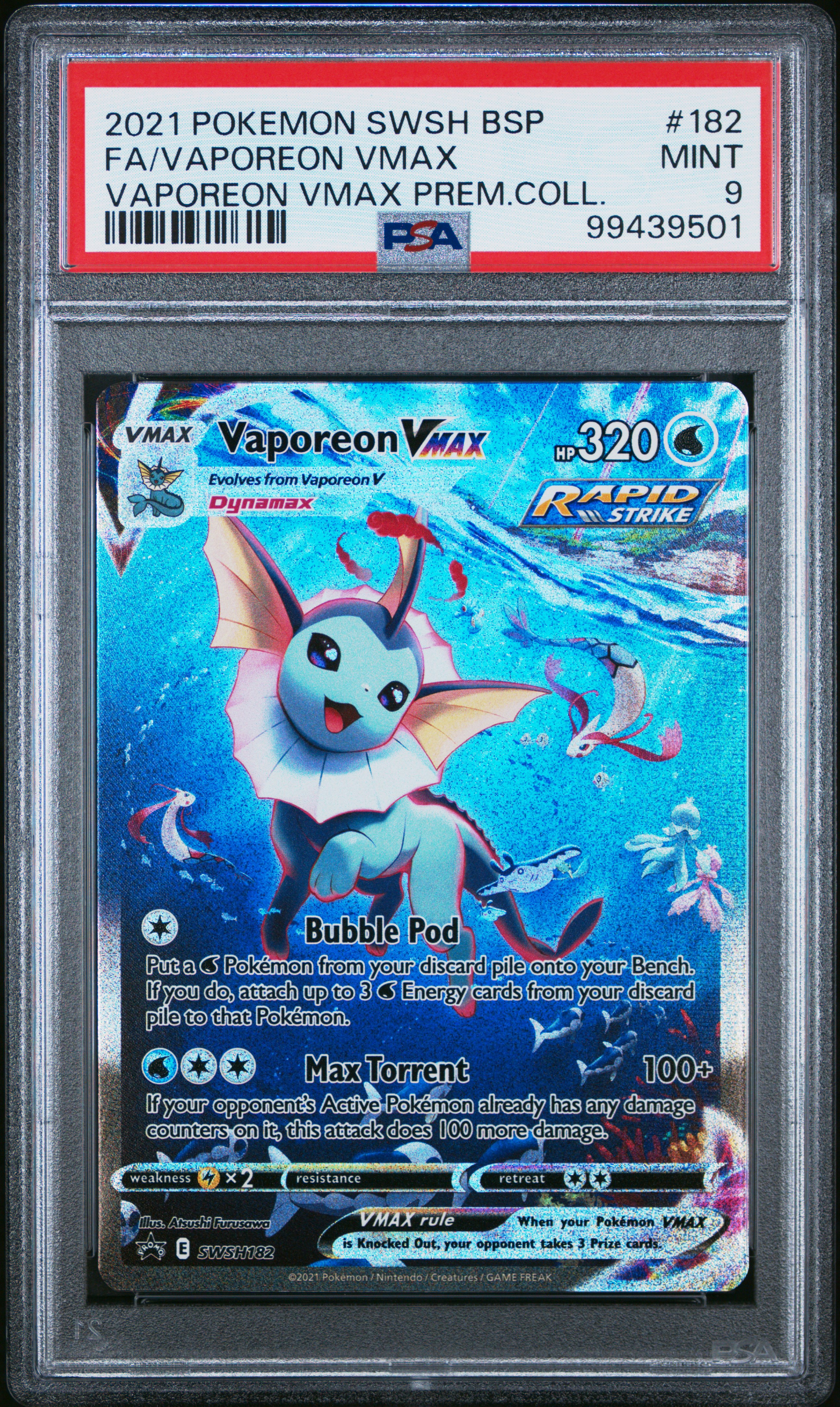 2021 Pokemon Swsh Black Star Promo Fa/Vaporeon Vmax #182 (Vaporeon Vmax Prem.coll.) Mint 9 front