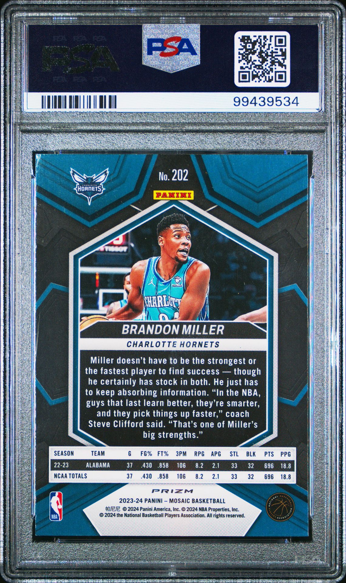 2023 Panini Mosaic Brandon Miller #202 (Reactive Blue) Mint 9 back