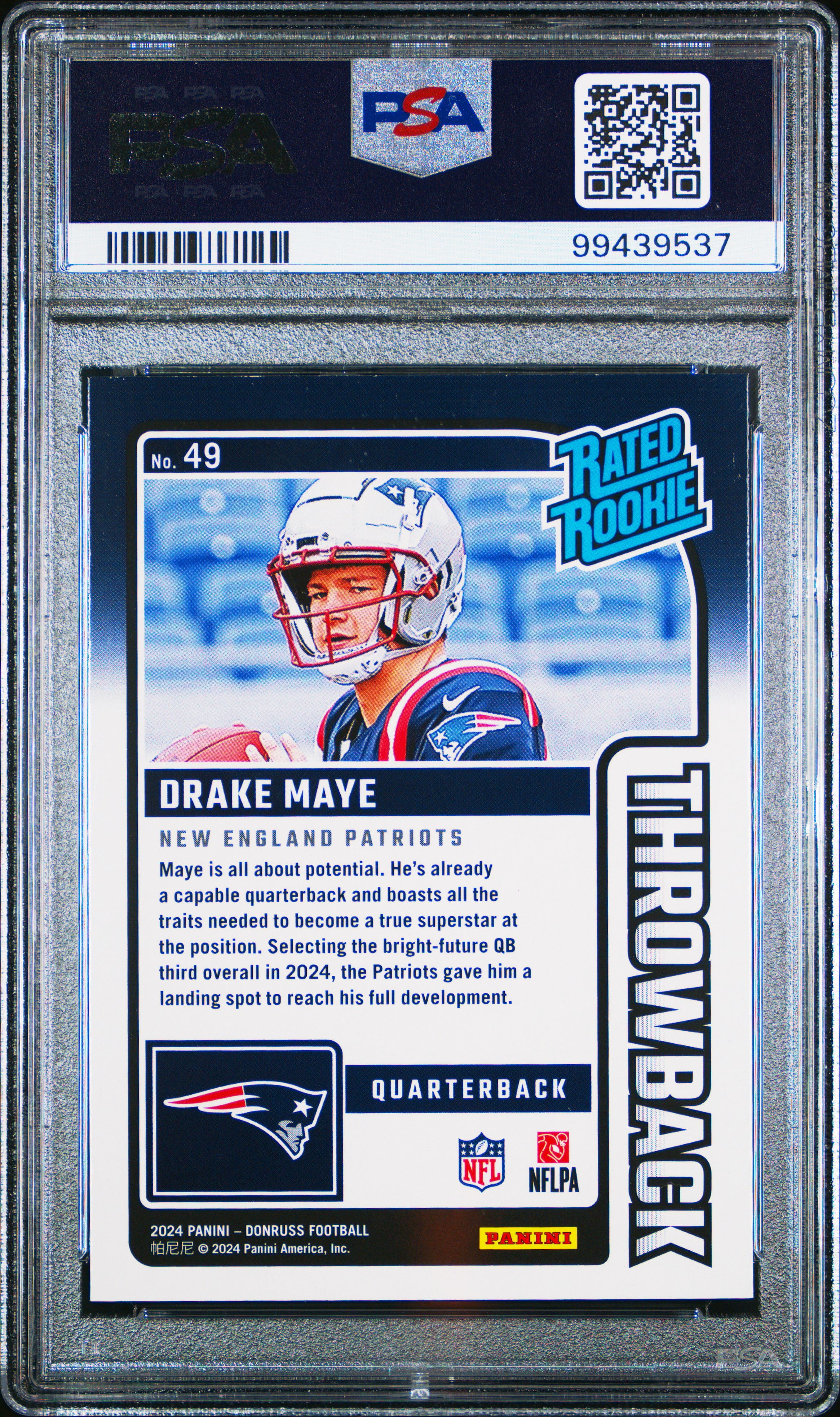 2024 Panini Donruss Rated Rookies Throwback Drake Maye #49 Mint 9 front