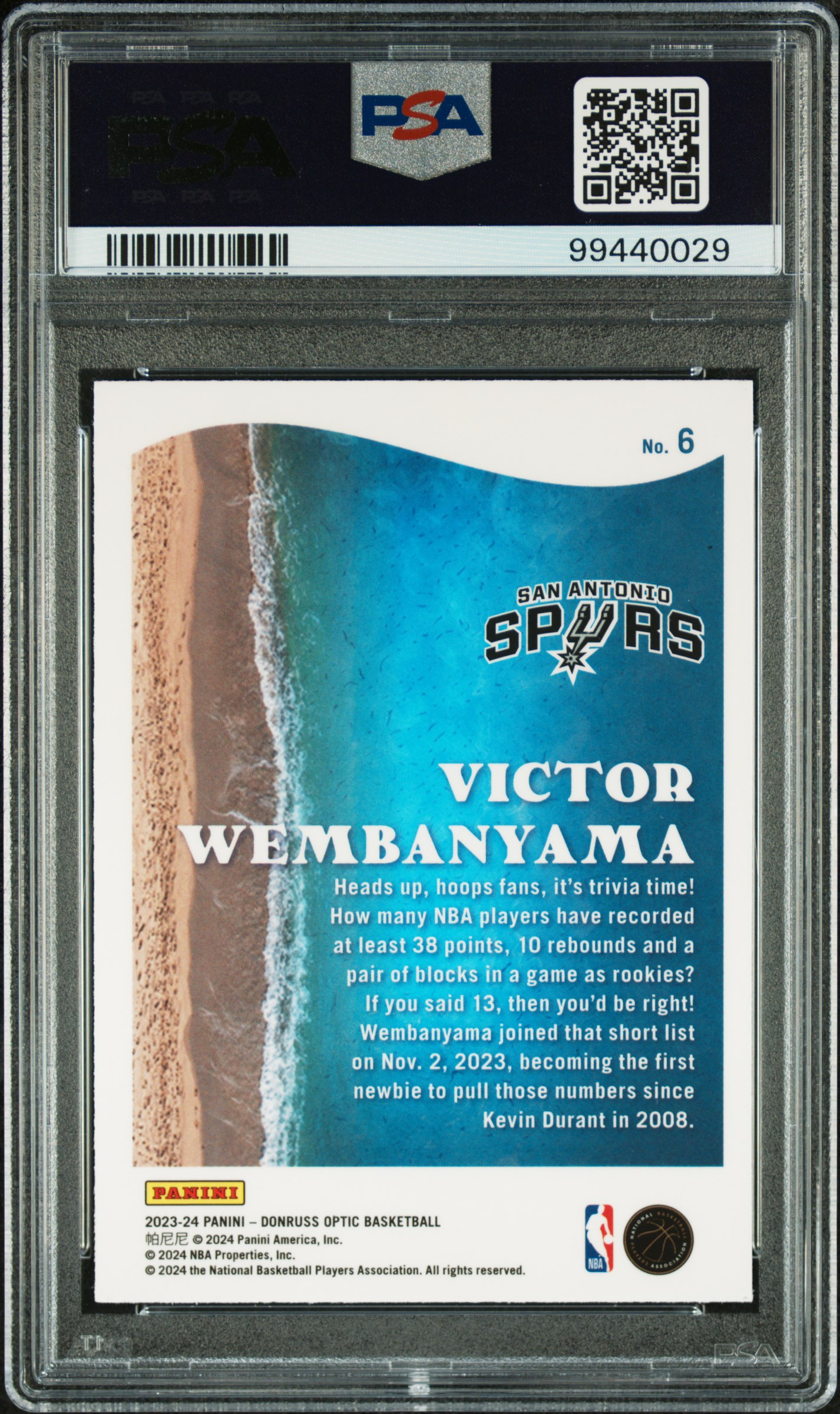2023 Panini Donruss Optic Splash Victor Wembanyama #6 Gem Mt 10 back