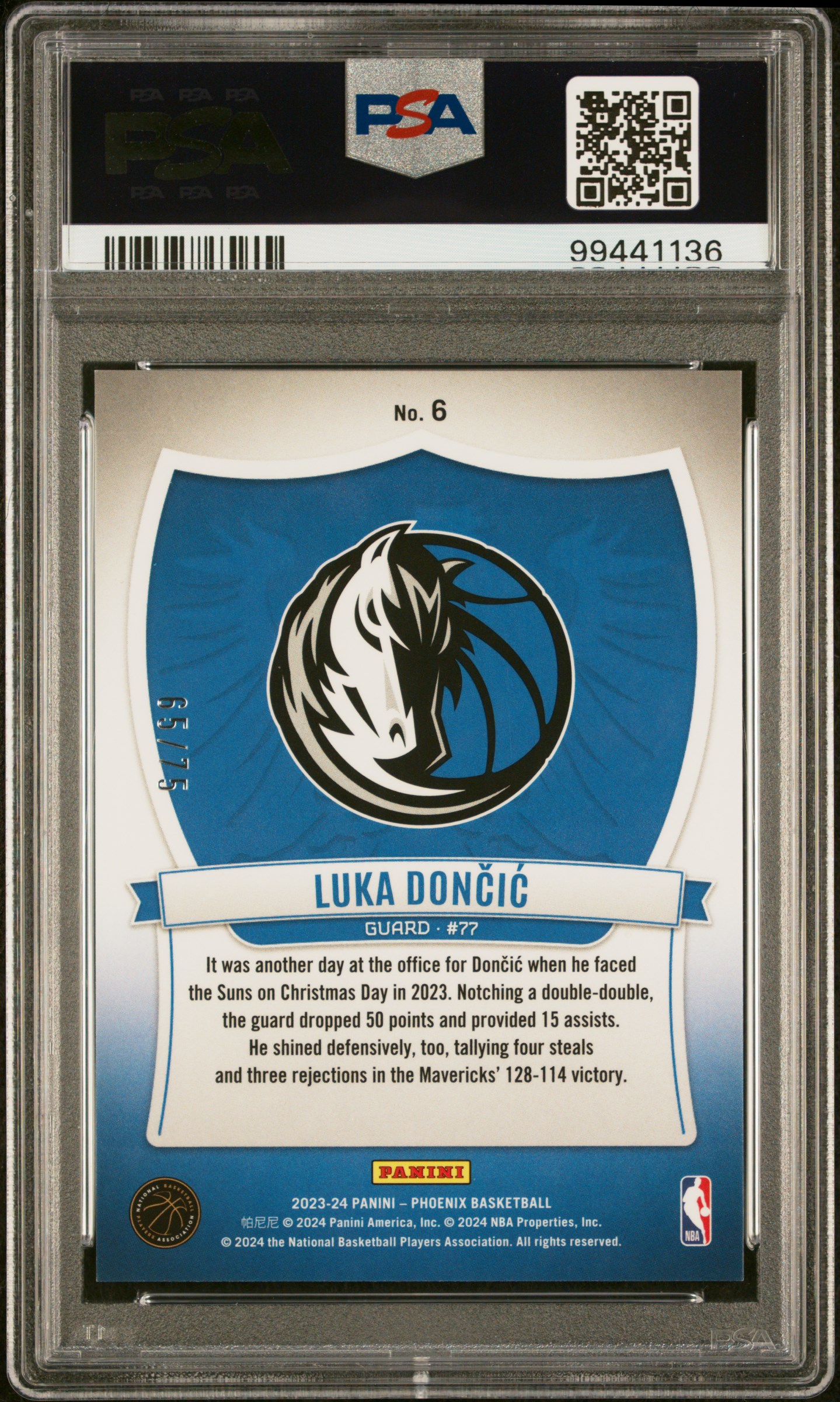 2023 Panini Phoenix Crusade Luka Doncic #6 (Crusade-Purple) Gem Mt 10 back