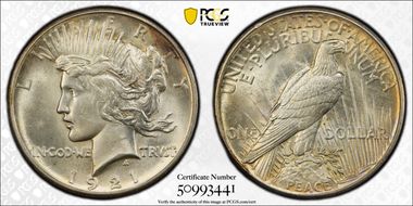 1921 $1 High Relief, Peace MS63