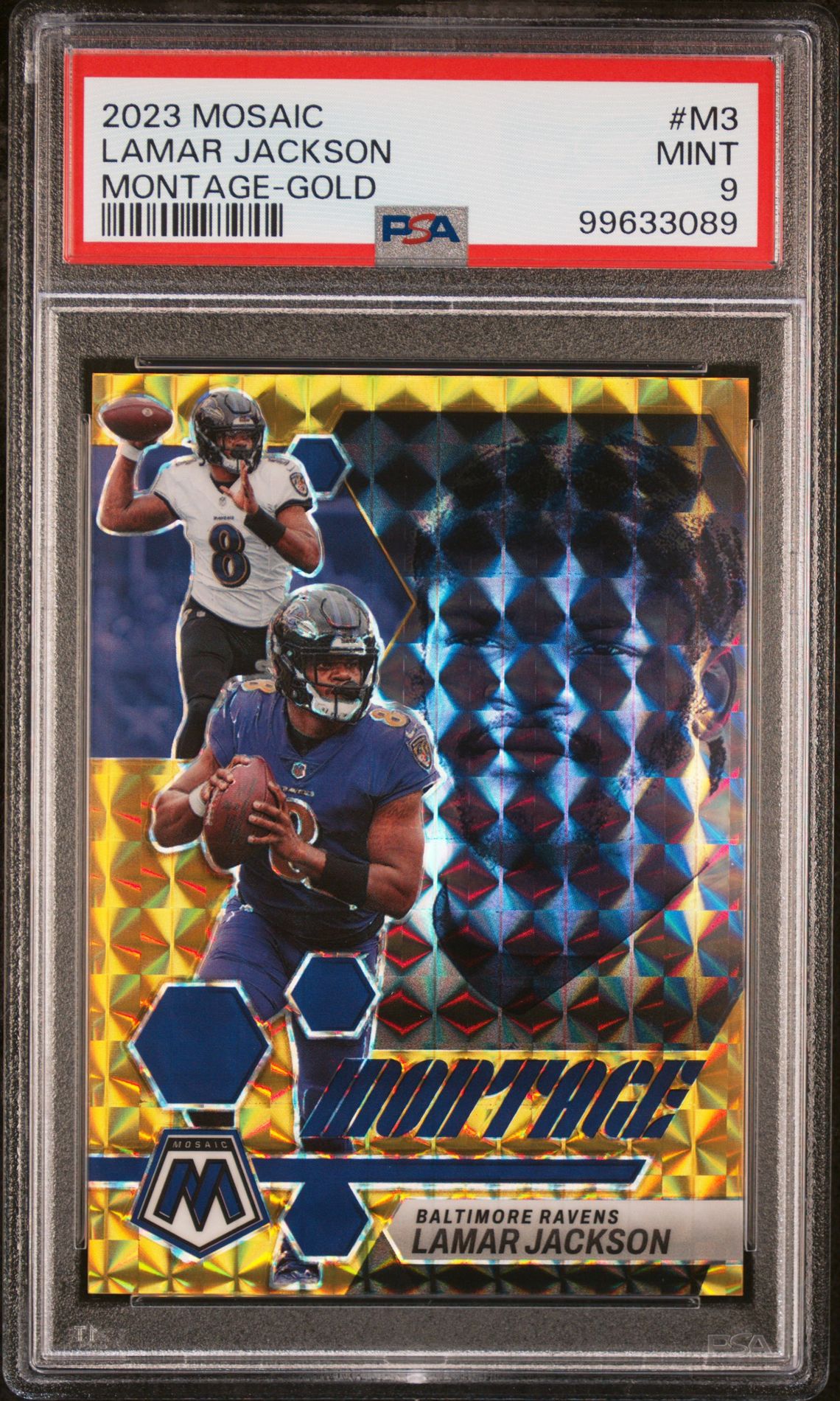 2023 Panini Mosaic Montage Lamar Jackson #M3 (Montage-Gold) Mint 9 front