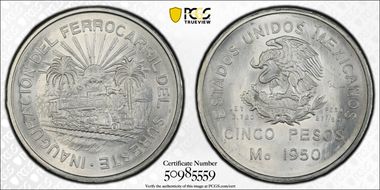 1950-Mo 5 Peso Southeastern Railroad KM-466  Ag MS66
