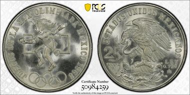 1968-Mo 25 Peso Olympic KM-479.1 Rings Align, Straight Tongue MS67