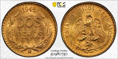 1945-Mo 2 Peso KM-461  Au MS66