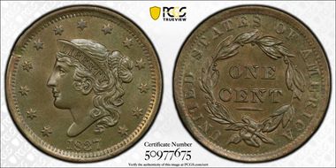 1837 1C Beaded Cords MS65+ BN