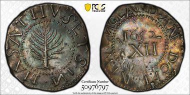 1652 Shilling Pine Tree, N Reversed, Noe-4 AU55