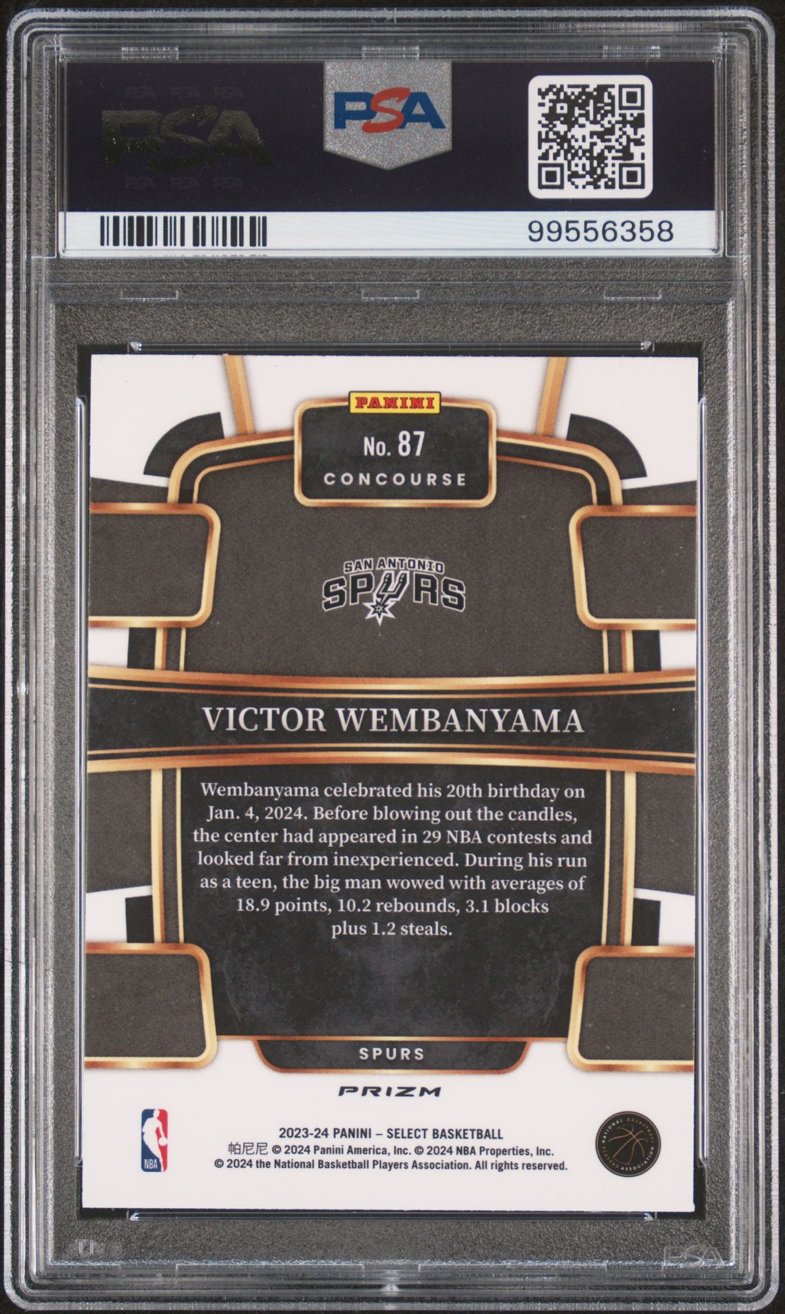2023 Panini Select Victor Wembanyama #87 (Blue Cracked Ice) Gem Mt 10 back view - PSA certificate #99556358