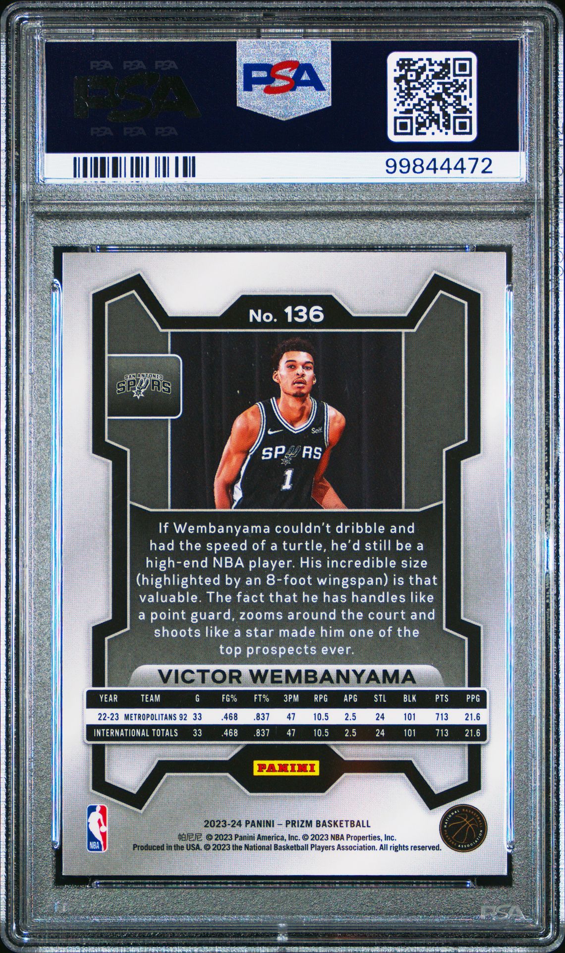 2023 Panini Prizm Victor Wembanyama #136 Gem Mt 10 back view - PSA certificate #99844472