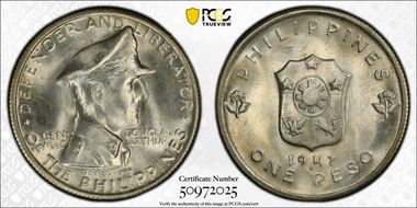 1947-S Peso KM-185 MacArthur MS65