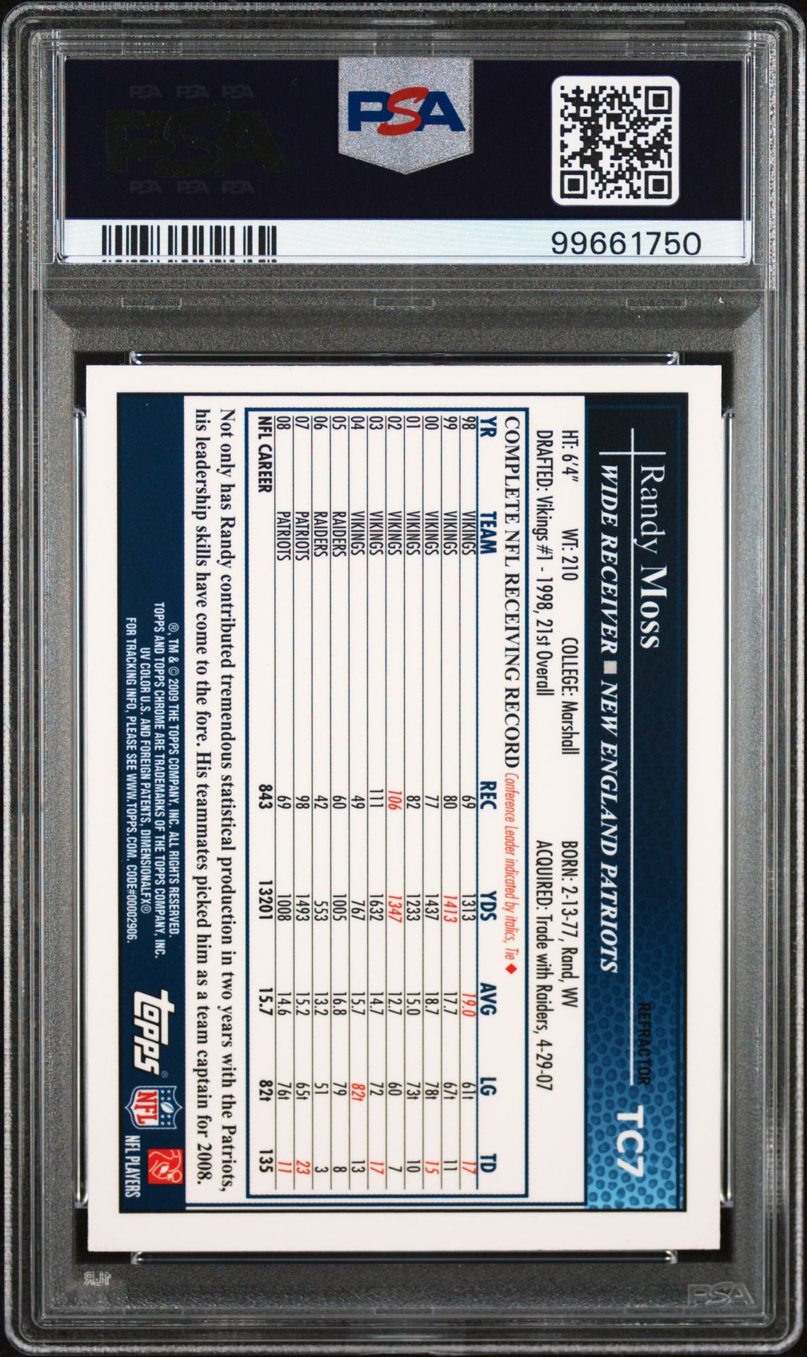 2009 Topps Chrome Randy Moss #Tc7 (Refractor) Mint 9 back