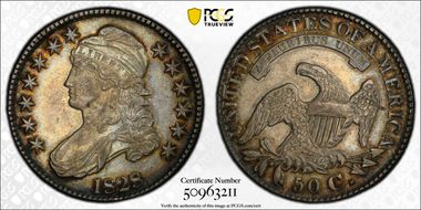 1828 50C Square 2, Small 8s, Lg. Letters AU50