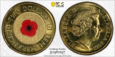 2012 $2 Remembrance Day Colorized MS65
