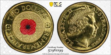 2012 $2 Remembrance Day Colorized MS66
