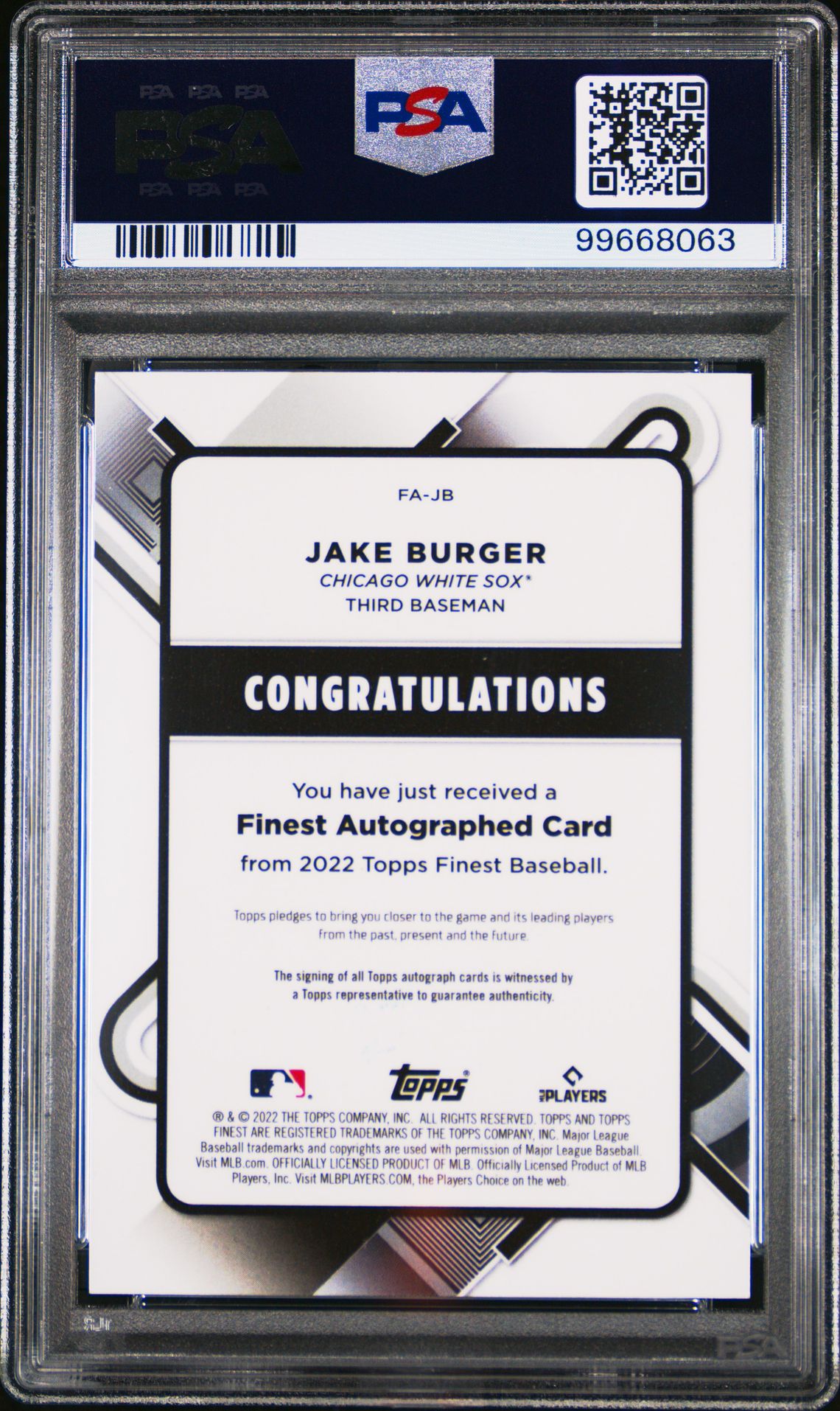 2022 Topps Finest Finest Autographs Jake Burger #Jb (F/A-Red Wave Refractor) Mint 9 back