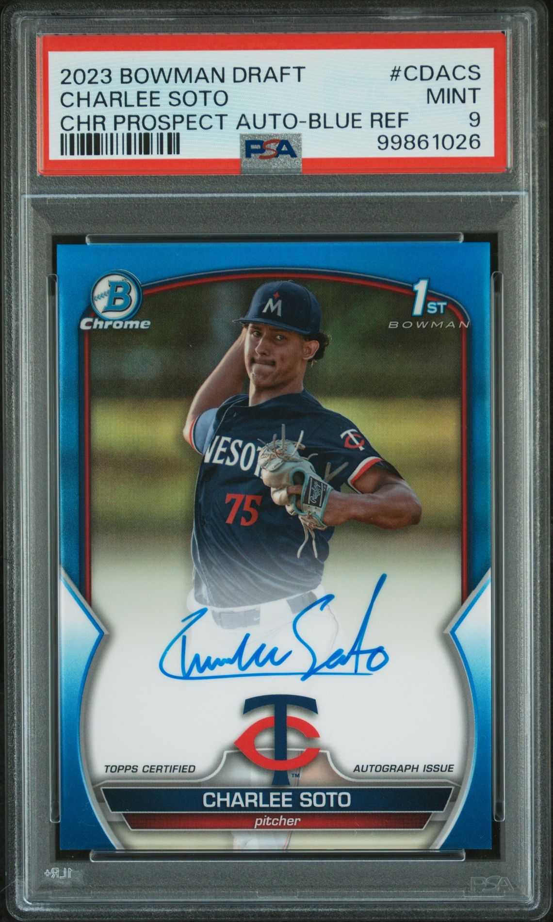 2023 Bowman BOWMAN DRAFT CHROME PROSPECT AUTOGRAPH Blue Refractor #CDACS Charlee Soto front