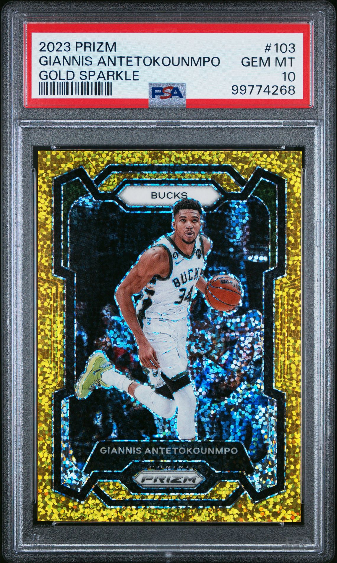 2023 Panini Prizm Giannis Antetokounmpo #103 (Gold Sparkle) Gem Mt 10 front view - PSA graded GEM MT 10
