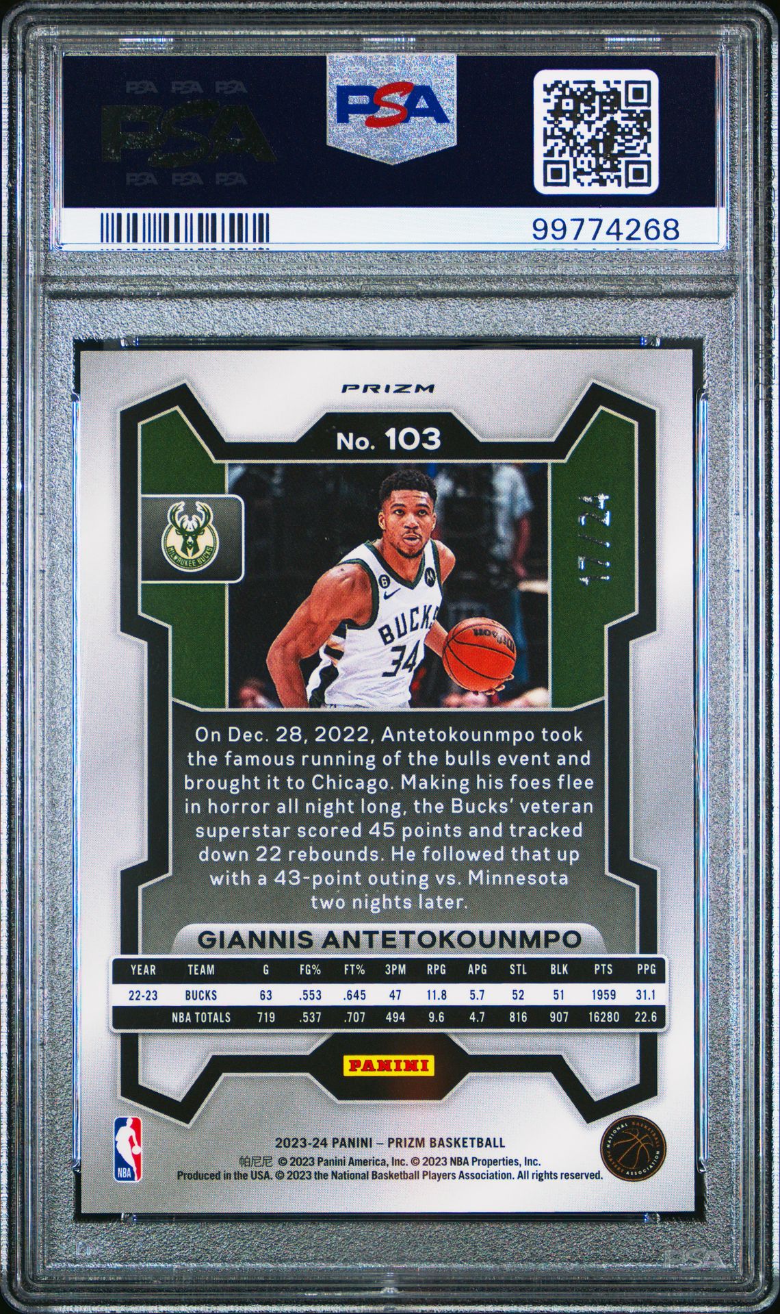 2023 Panini Prizm Giannis Antetokounmpo #103 (Gold Sparkle) Gem Mt 10 back view - PSA certificate #99774268