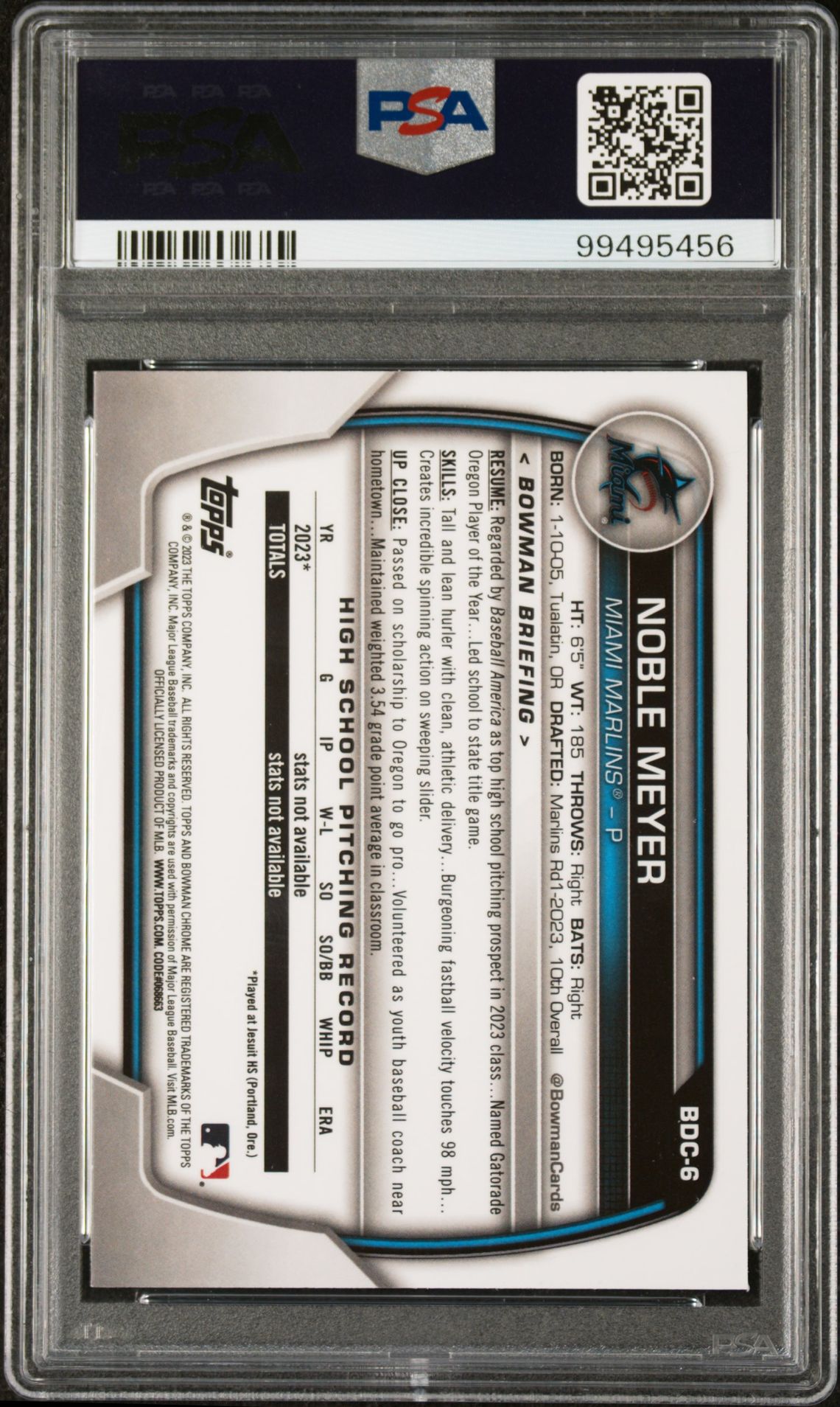 2023 Bowman Draft Noble Meyer #Bdc6 (Chr-Aqua Lunar Crater Ref) Mint 9 back