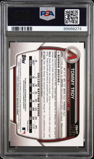 2023 Bowman Draft Sapphire Edition Chrome Prospect Autographs Tommy Troy #Cdatt (Chrome Prospect Auto-Gold) Mint 9 back