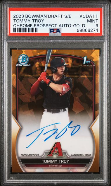 2023 Bowman Draft Sapphire Edition Chrome Prospect Autographs Tommy Troy #Cdatt (Chrome Prospect Auto-Gold) Mint 9 front
