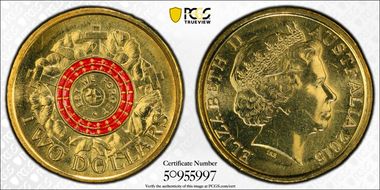 2015 $2 Lest We Forget Colorized Poppy Counterstamp MS66