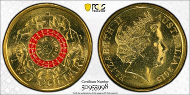 2015 $2 Lest We Forget Colorized Poppy Counterstamp MS65