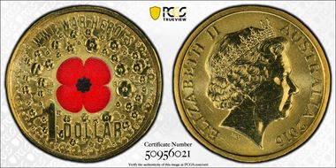 2015 $1 WWI War Heroes-Red Poppy Colorized MS66
