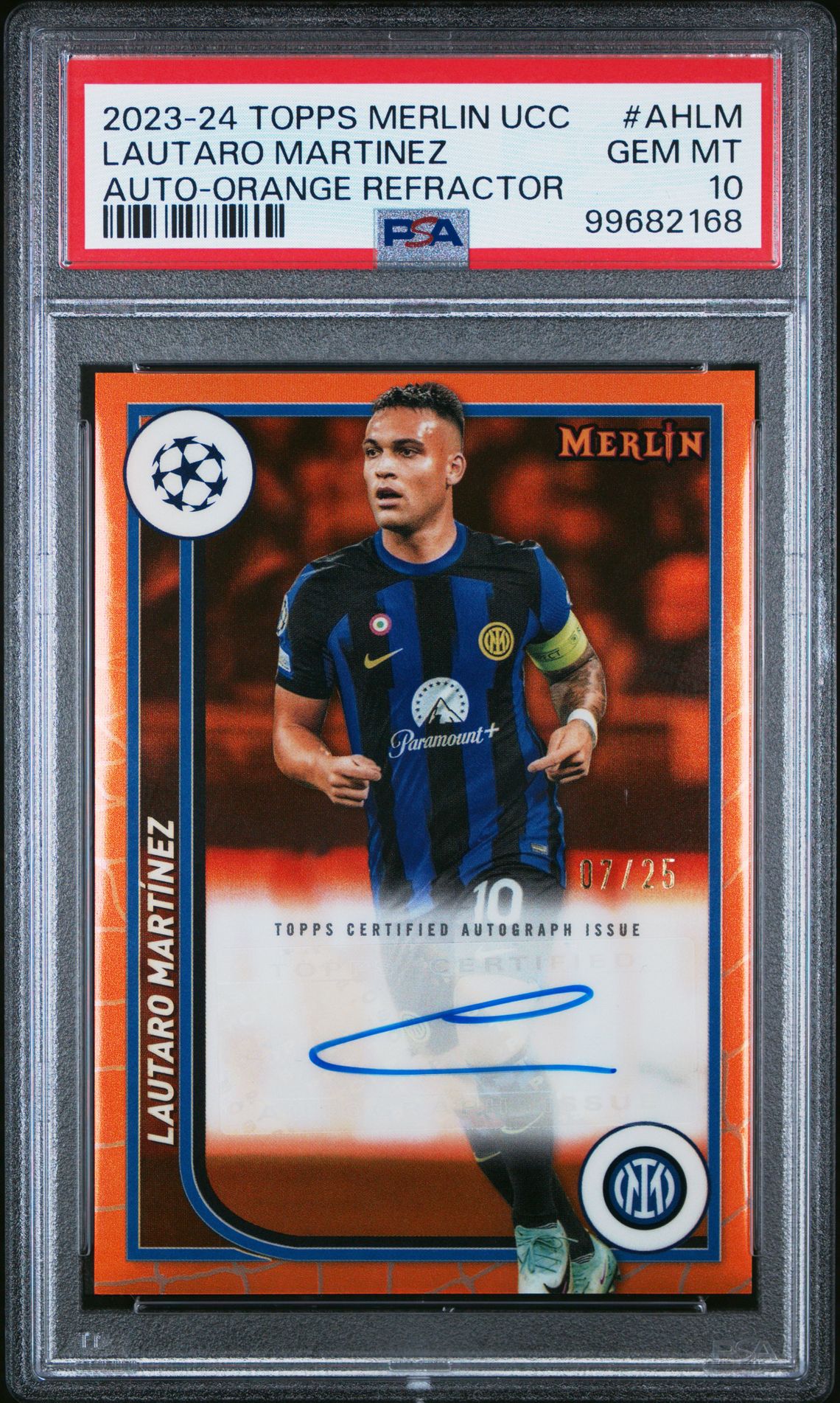 2023-24 Topps TOPPS MERLIN UEFA CLUB COMPETITIONS AUTOGRAPHS ORANGE REFRACTOR #AHLM Lautaro Martinez front