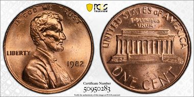 1982 1C Bronze, Small Date MS66RD