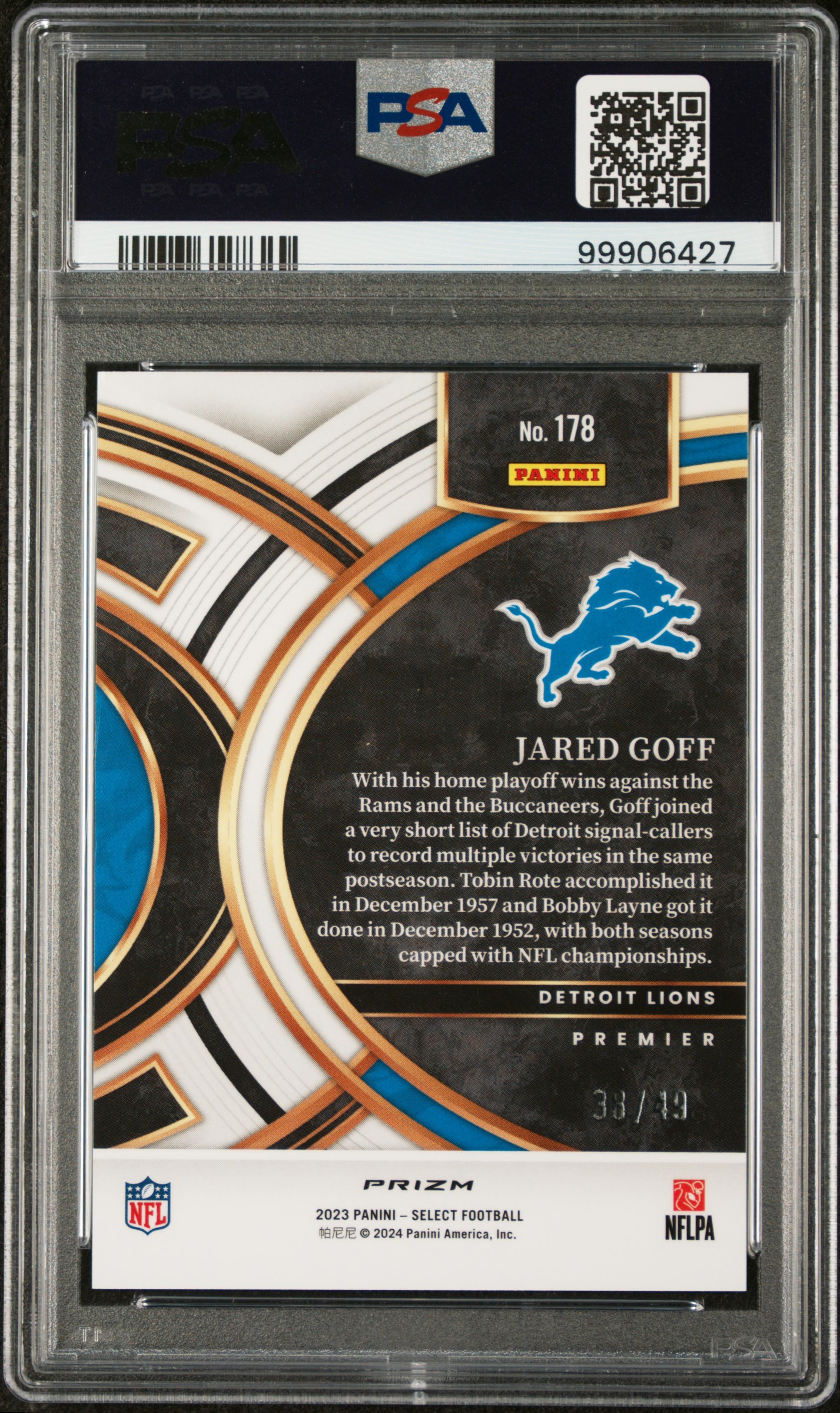 2023 Panini Select Jared Goff #178 (Neon Green Prizm) Gem Mt 10 back