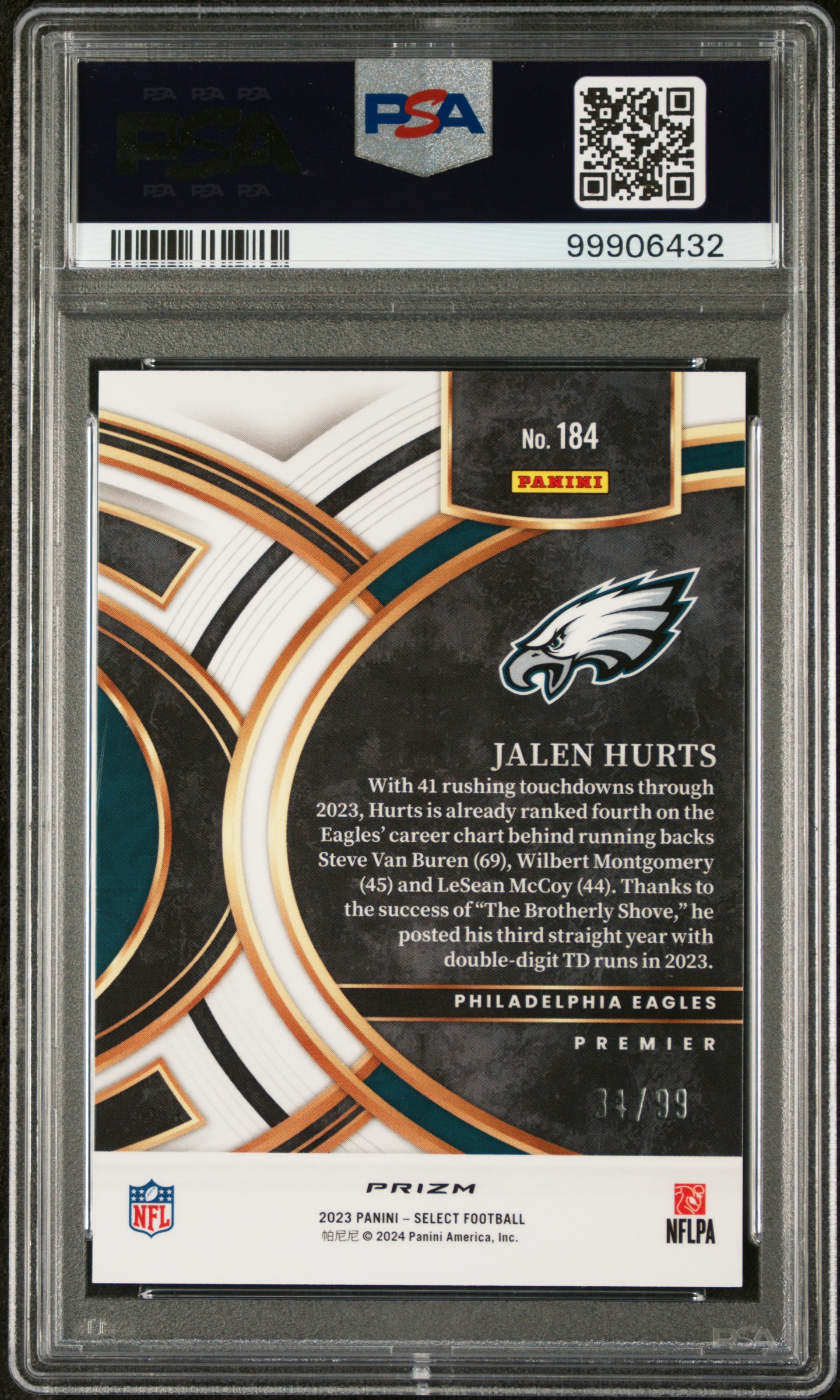 2023 Panini Select Jalen Hurts #184 (Light Blue Prizm) Gem Mt 10 back