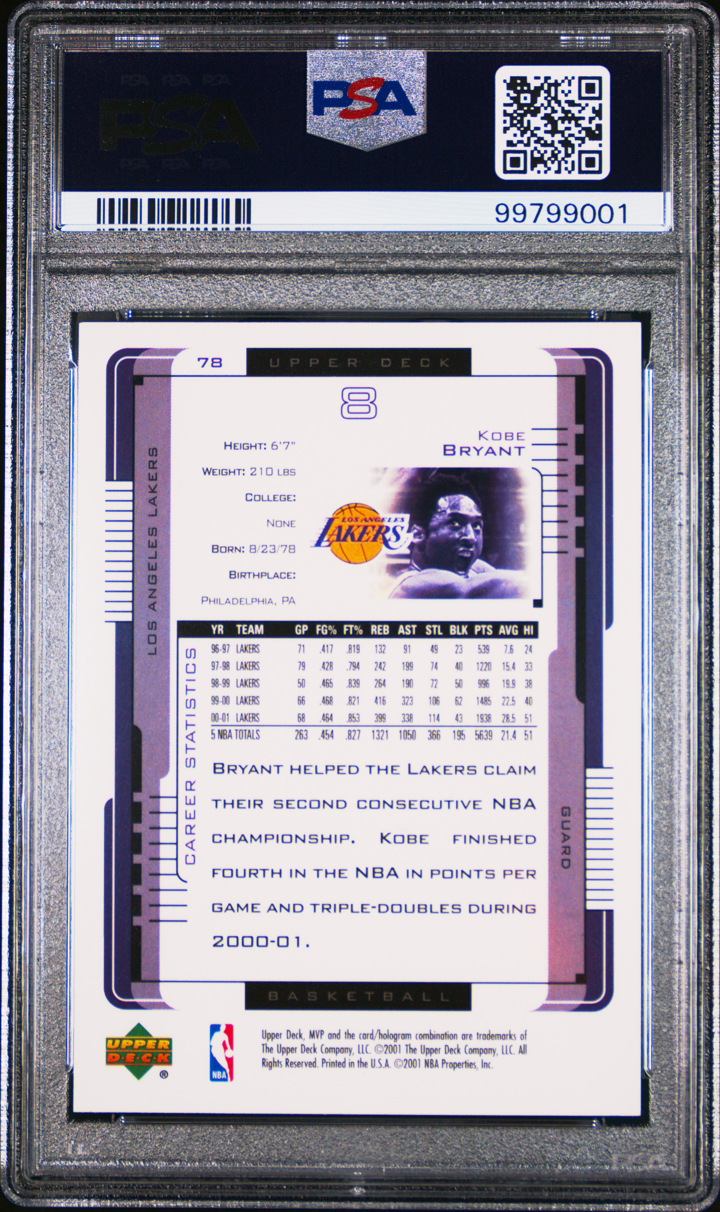 2001 Upper Deck Mvp Kobe Bryant #78 Gem Mt 10 back