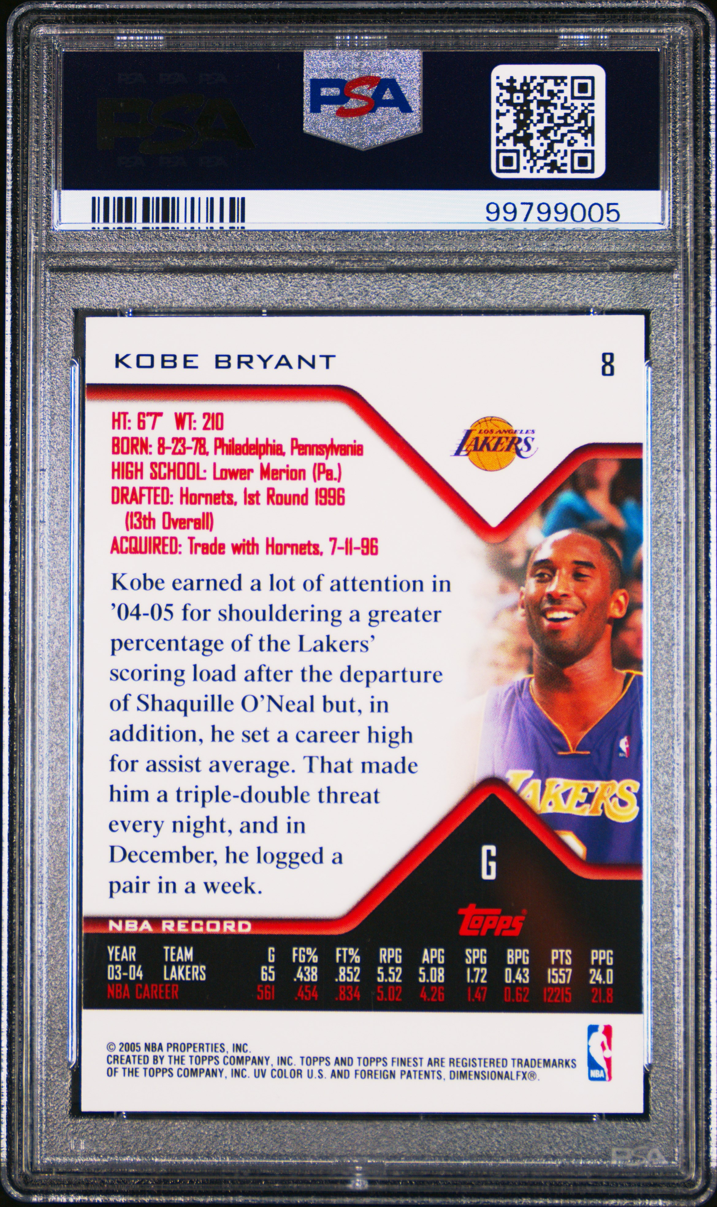 2004 Finest Kobe Bryant #8 Gem Mt 10 back