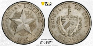 1915 Peso High Relief KM-15.1 AU58