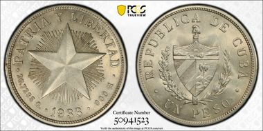 1933 Peso KM-15.2  Ag MS62