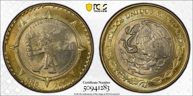 2001-Mo 20 Peso Xiuhtecuhtli AU58