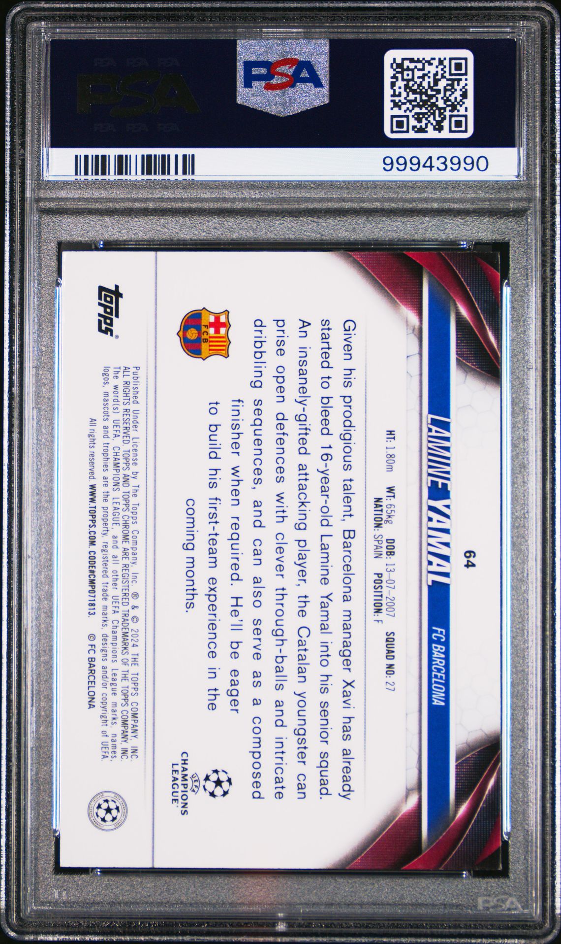 2023-24 Topps Chrome Sapphire Edition Uefa Club Competitions Lamine Yamal #64 (Yellow) Gem Mt 10 back
