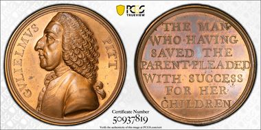 No Date AE Medal Betts-515, William Pitt Restrike MS63RB