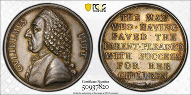 (1766) AR Medal Betts-516, William Pitt AU58