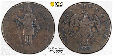 1788 Cent Massachusetts, Ryder 12-H Stout Indian VG10BN