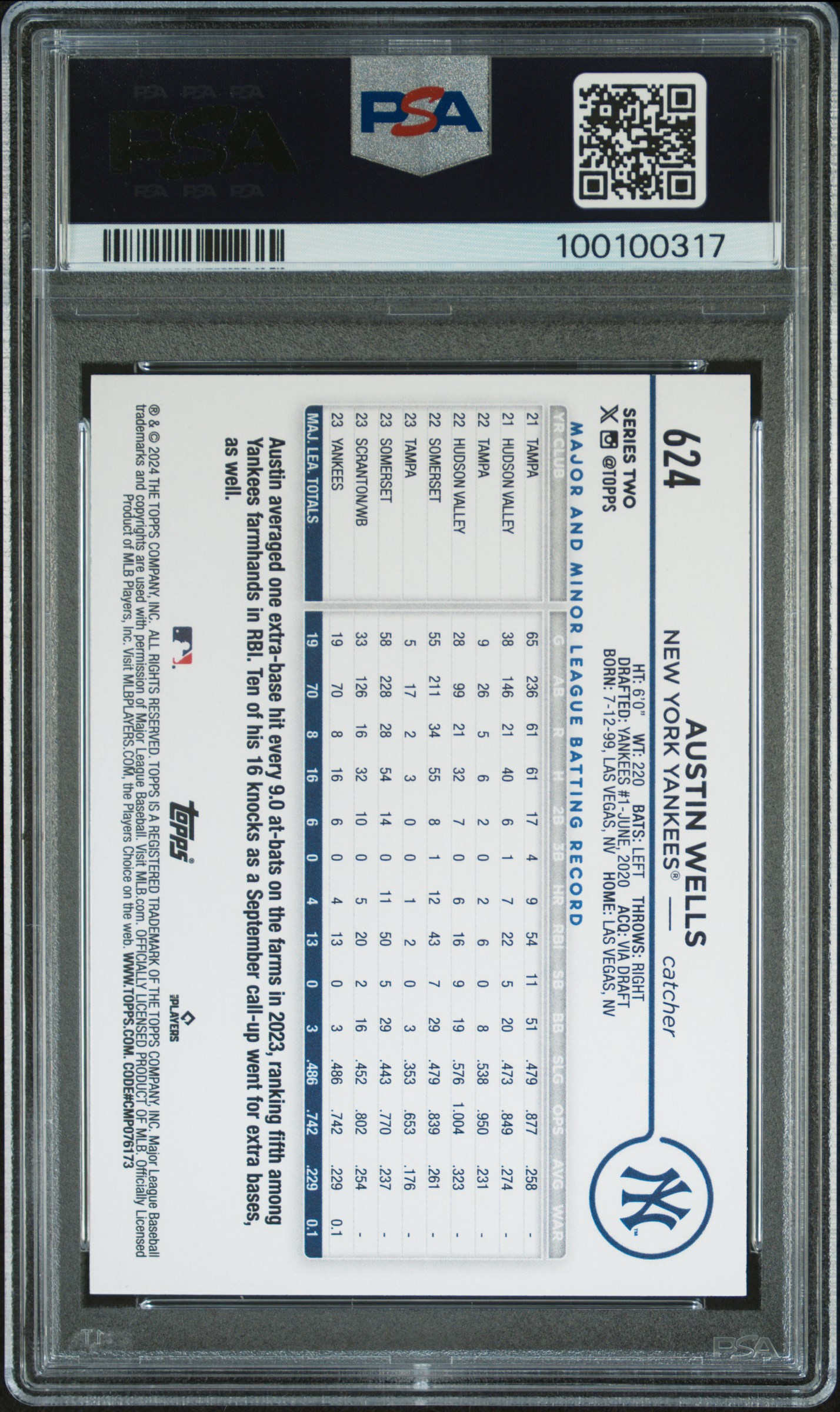 2024 Topps Austin Wells #624 Gem Mt 10 back