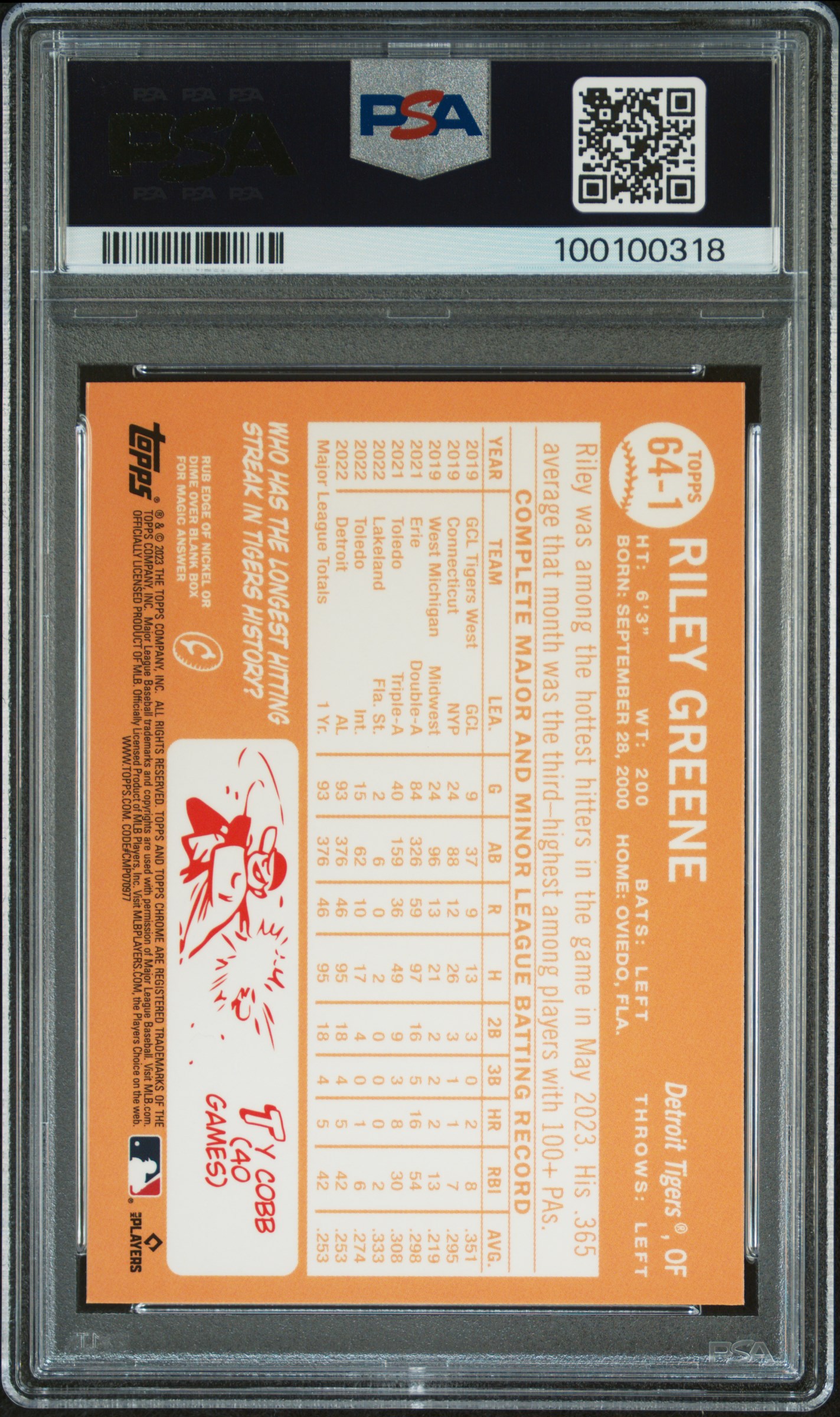 2023 Topps Chrome Lids 1964 Design Riley Greene #64-1 Gem Mt 10 back