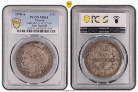 1870-A 5 Fr Gad-742 F-332 Cérès Sans légende MS64