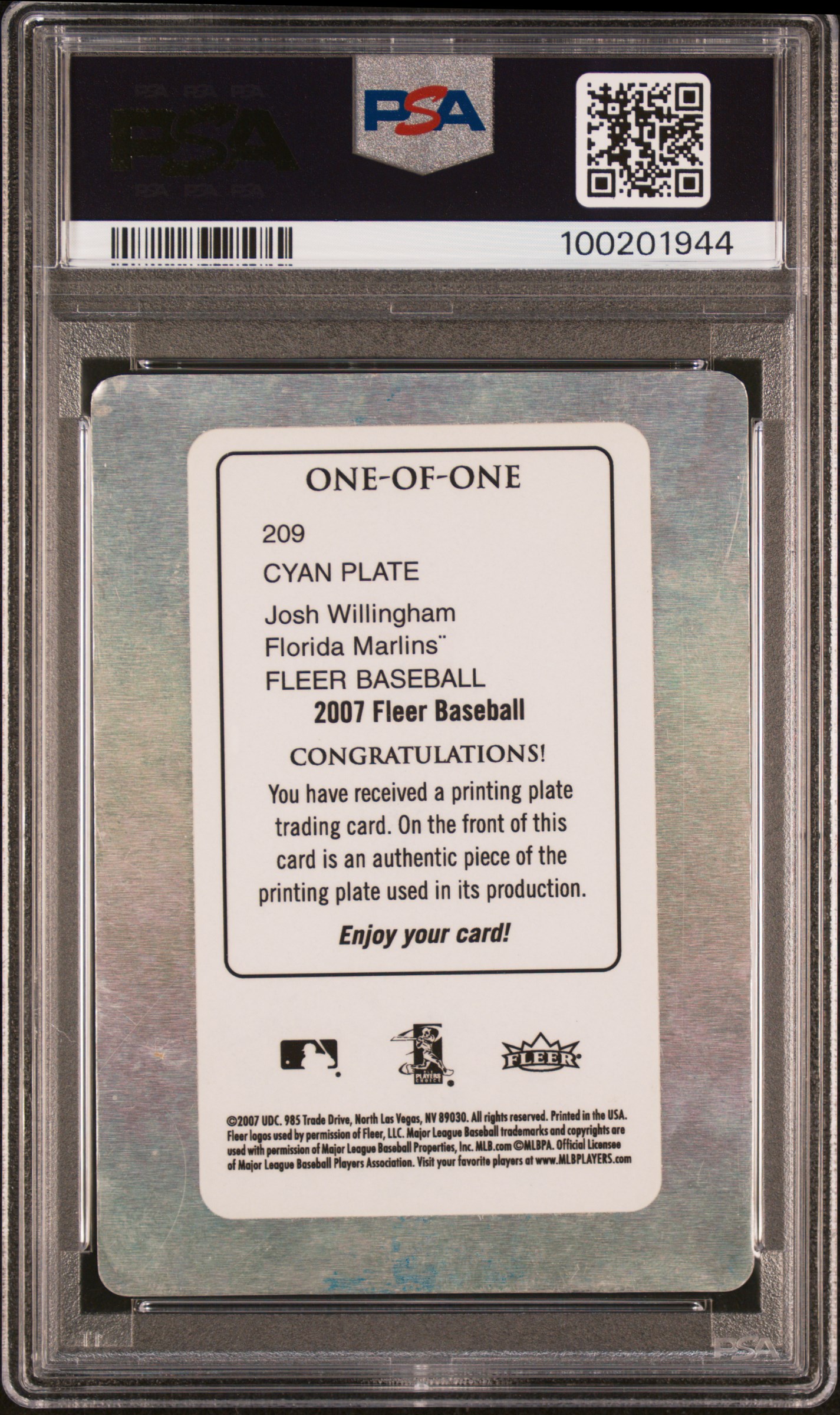2007 Fleer Josh Willingham #209 (Cyan Printing Plate 1/1) N0: Authentic back
