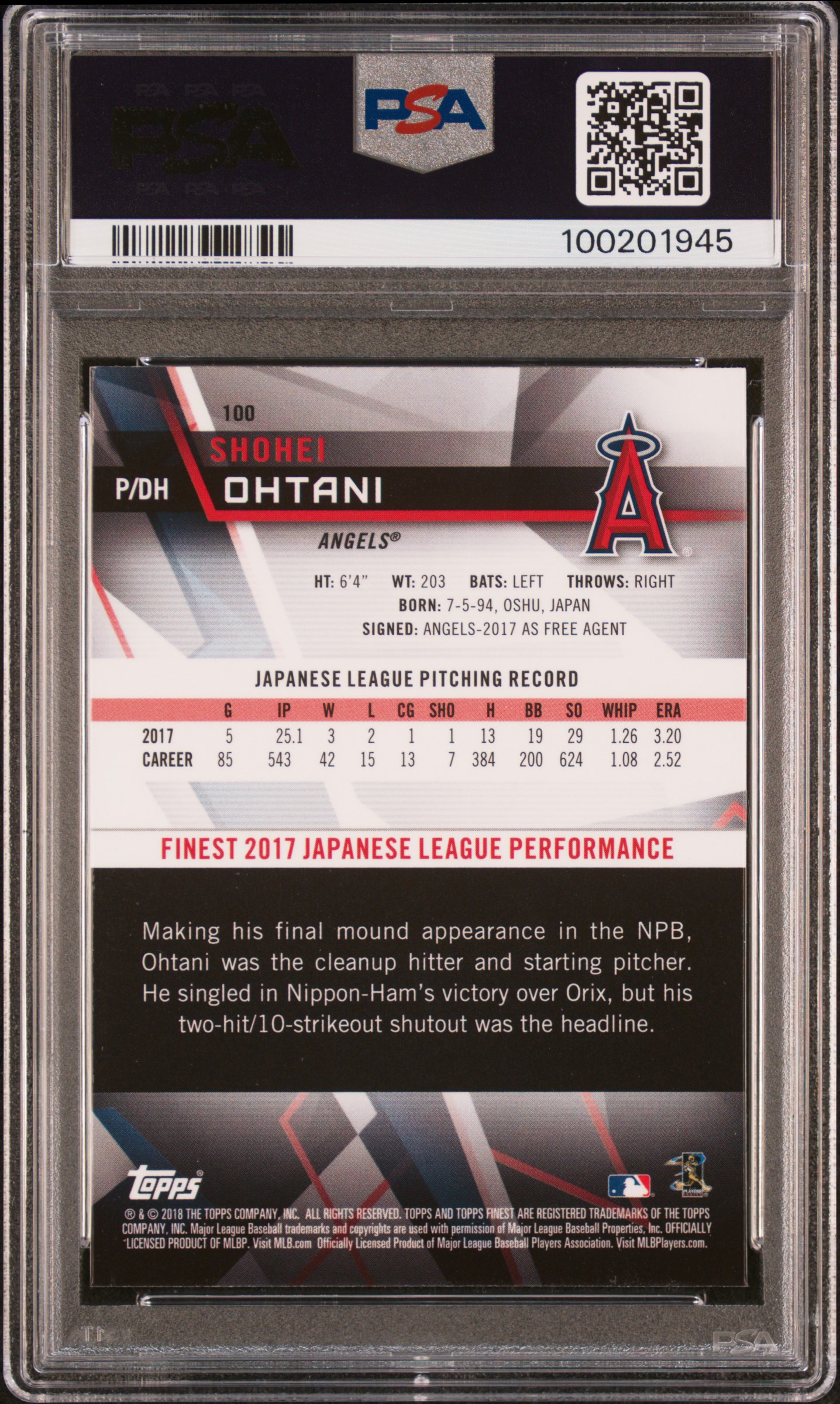 2018 Finest Shohei Ohtani #100 Mint 9 back